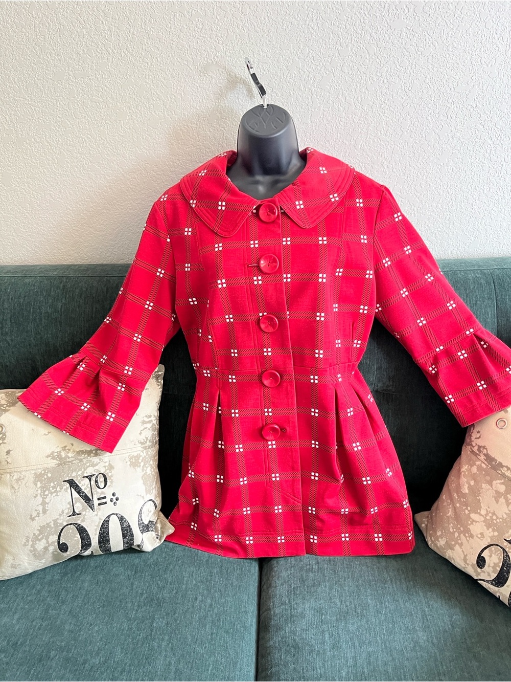 Women's Red Plaid Pea Coat with Flared Sleeves